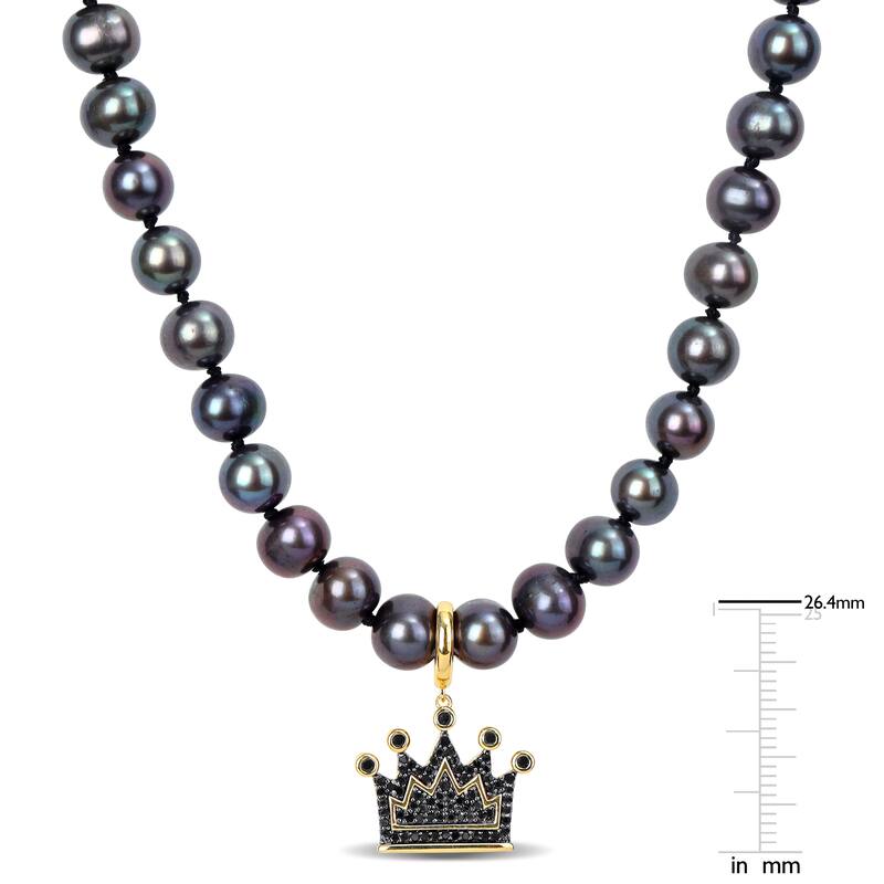 Miadora Mens 7mm Black Cultured Freshwater Pearl and Black Diamond Crown Necklace Yellow Silver