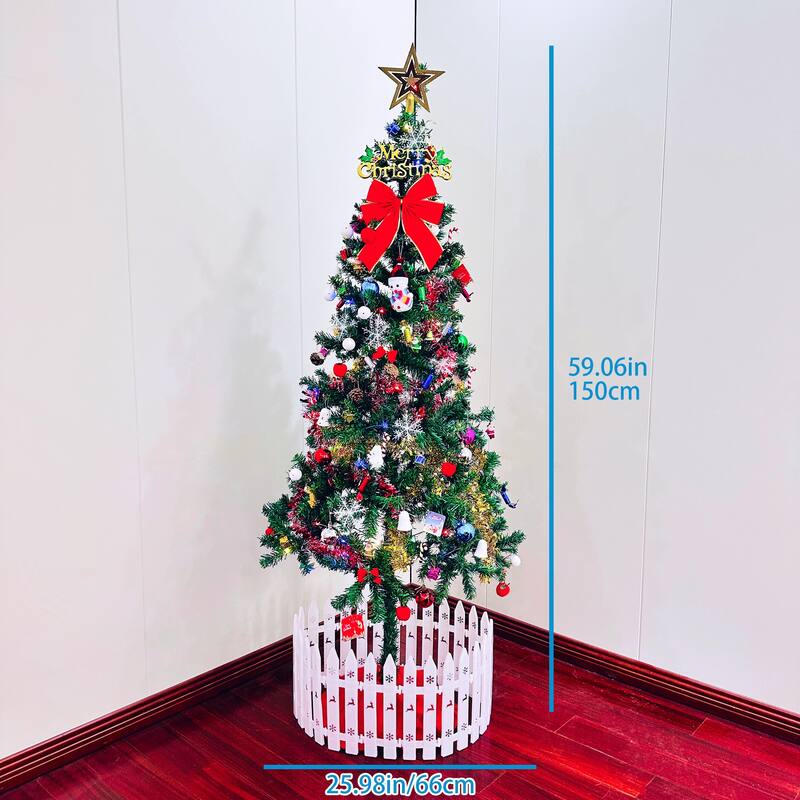 Pre-Lit Artificial Christmas Tree - LED Energy-Saving Lights, Tree Skirt + Guardrails - Green