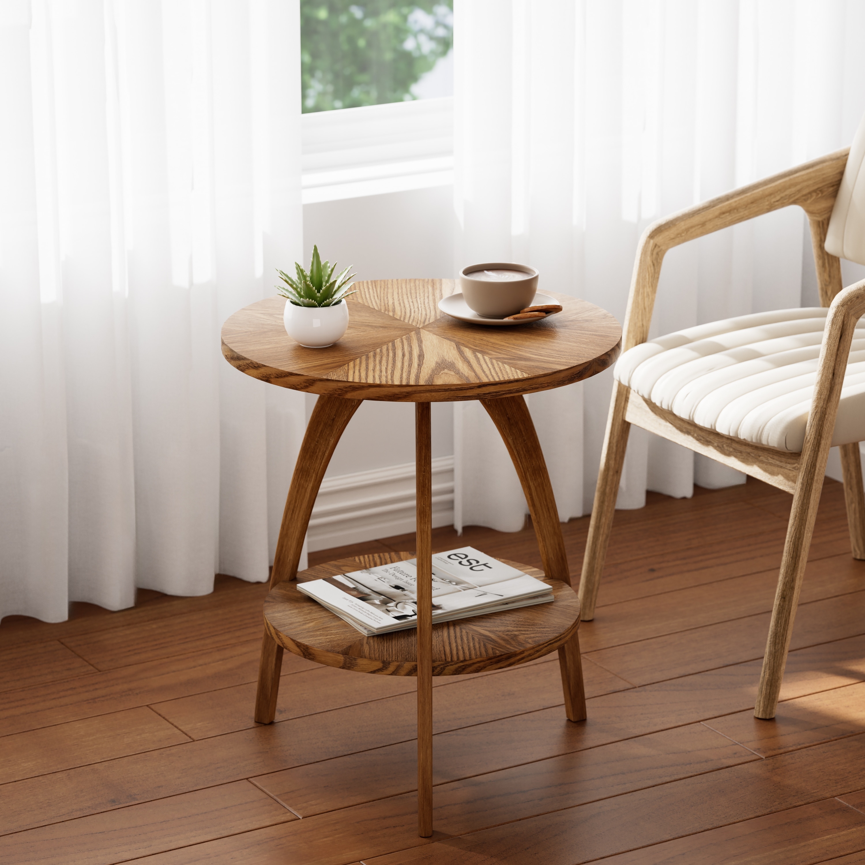 COZAYH Wood Round End Table with Storage Shelf, Walnut Finish Mid