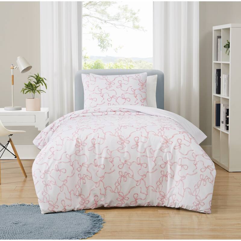 Truly Soft Printed Bow 3 Piece Duvet Cover Set - Twin - Twin XL - White/Pink
