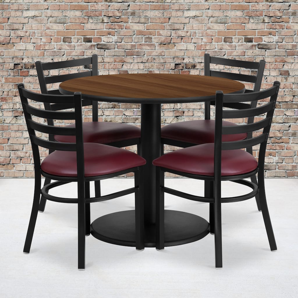 36'' Round Laminate Table Set with Round Base and 4 Ladder Back Metal Chairs