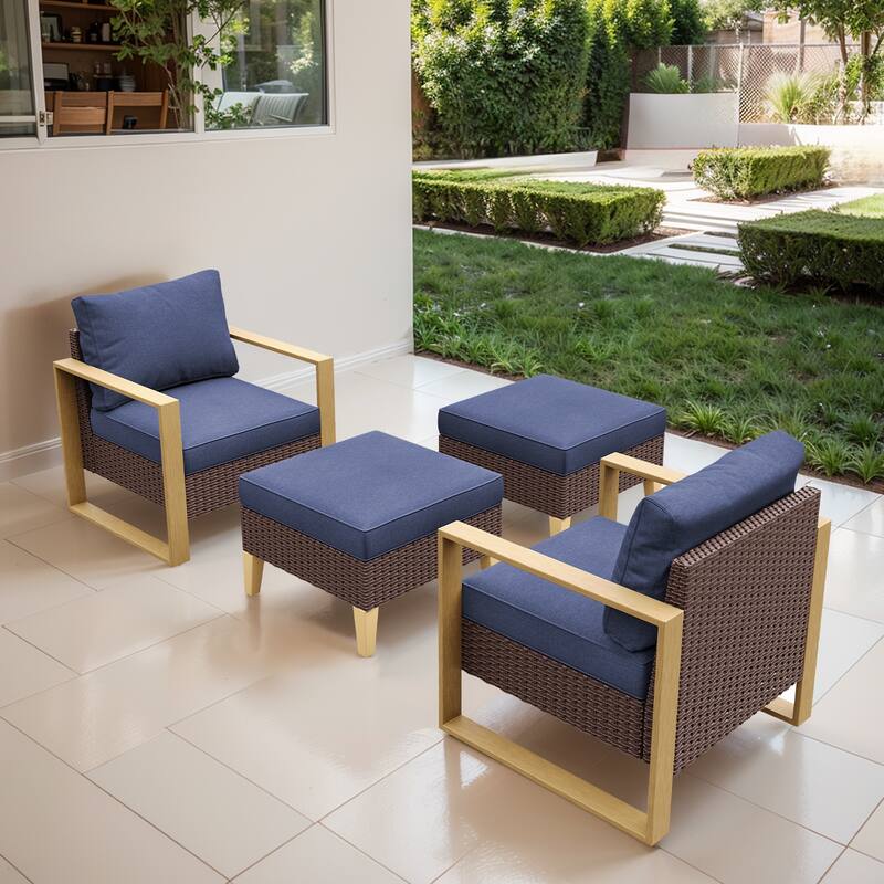 Gymojoy Outdoor Patio Chair with Ottoman Set of 4 - Brown - Blue