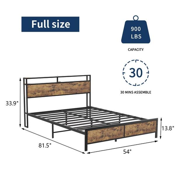 dimension image slide 0 of 3, Rustic Brown Full Size Metal Industrial Bed Frame with LED Lights and 2 USB Ports, Bed Frame Full Size with Storage
