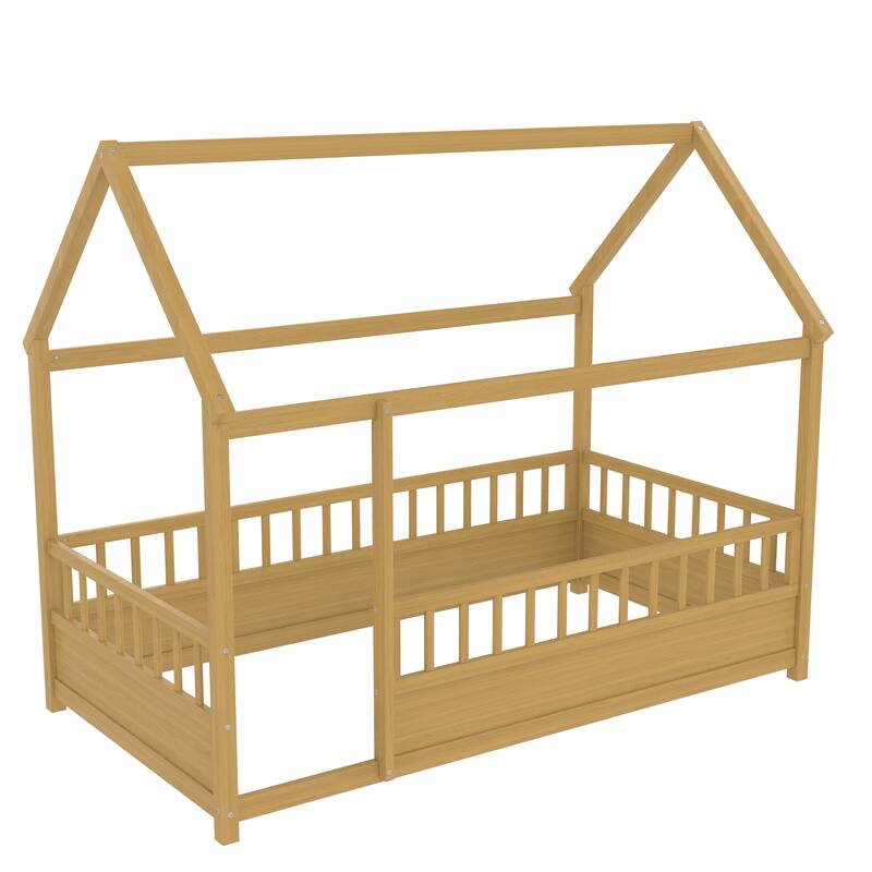 Twin Size Floor Wooden Bed with House Roof Frame, Fence Guardrails,(Twin,Natural)
