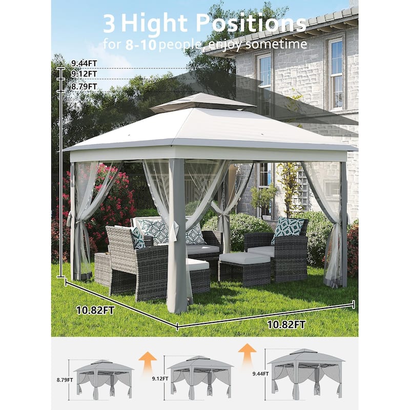 10.82'x10.82' Pop-Up Gazebo, Enhanced Frame and Mosquito Netting - 11*11Ft