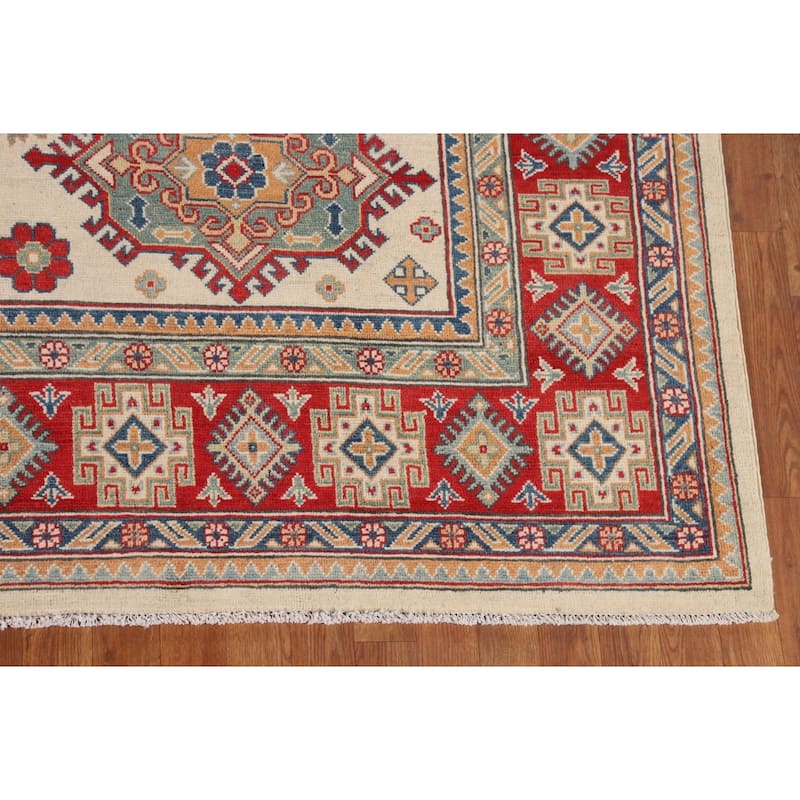 Ivory Geometric Kazak Oriental Area Rug Handmade Wool Carpet - 8'0" x 10'3"