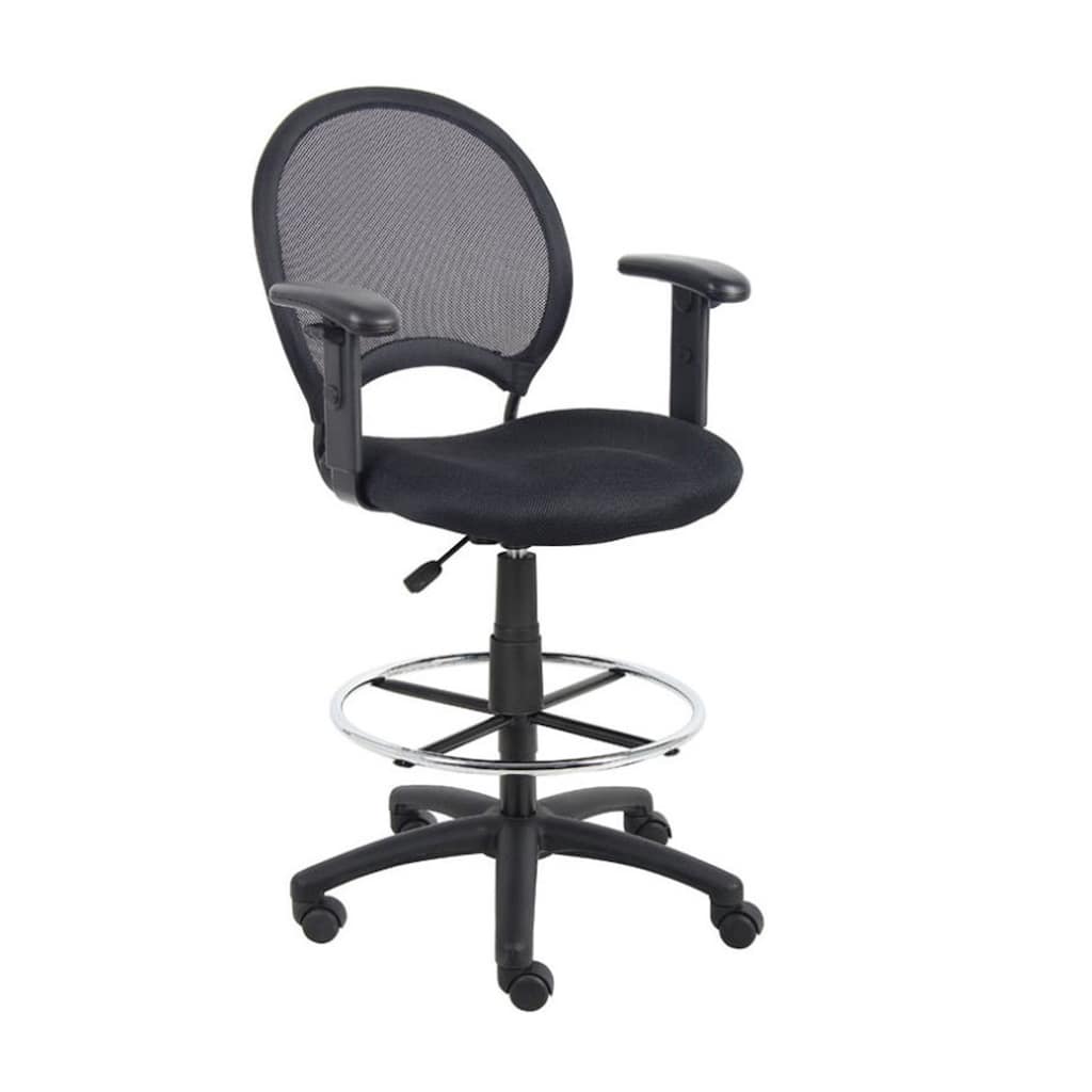 Rea Drafting Stool Chair, Adjustable Arms, Black Mesh, Chrome Footring