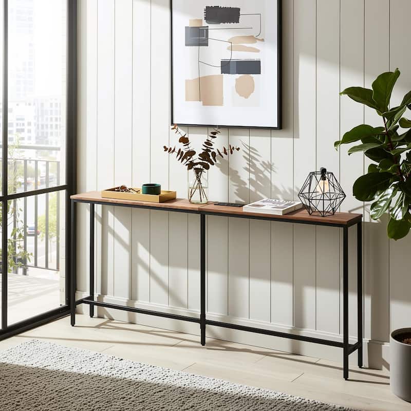 Homy Casa Console/Sofa Table with Outlets & USB Ports, Metal Frame - Brown - Wood