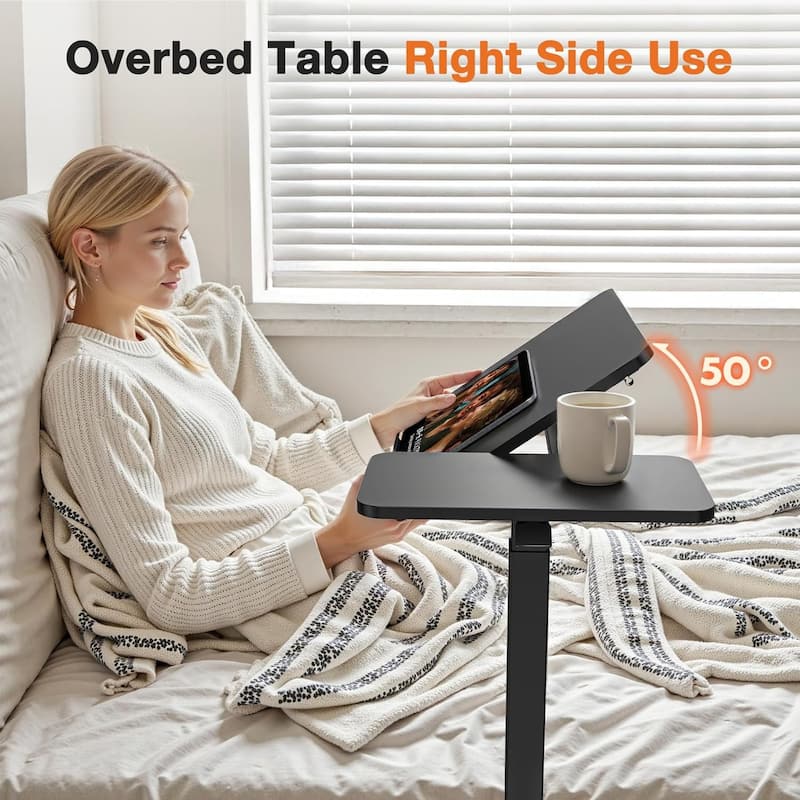 Overbed Bedside Table, Mobile Standing Desk Adjustable Height, Small Rolling Laptop Computer with Wheels, Tiltable Desktop