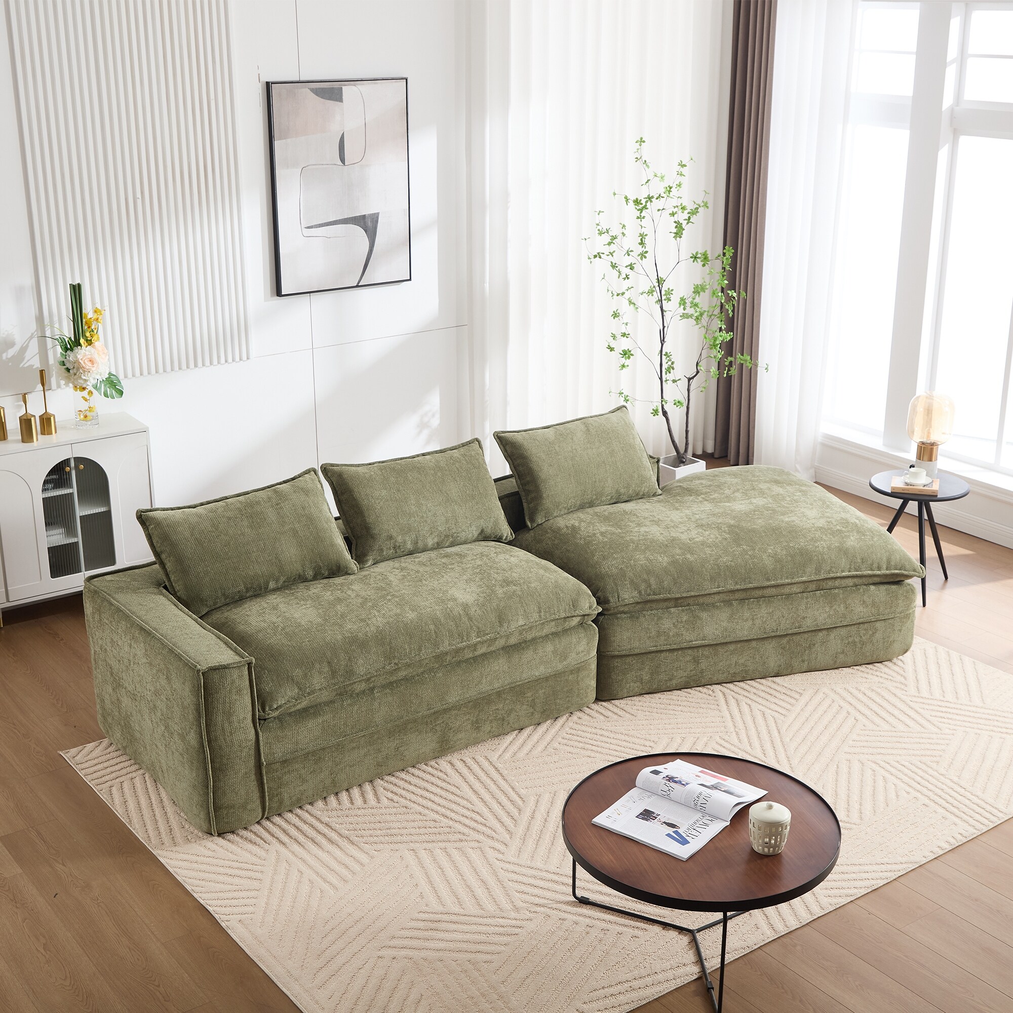 133.86" Oversized Corduroy Sofa Modular Sectional Sofa, Modern Curved Couch with Deep Seat, Upholstered Couches