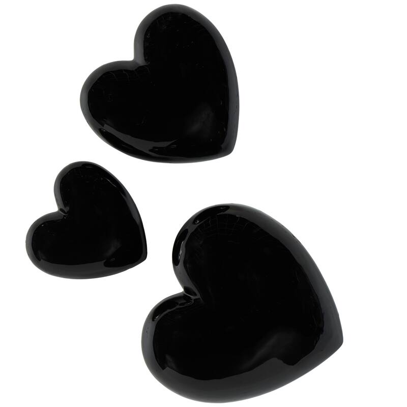 Ceramic Heart Slanted Home Wall Decor with Varying Sizes - Set of 3 Black, Gold, Silver, White - Roche River Decor - Black