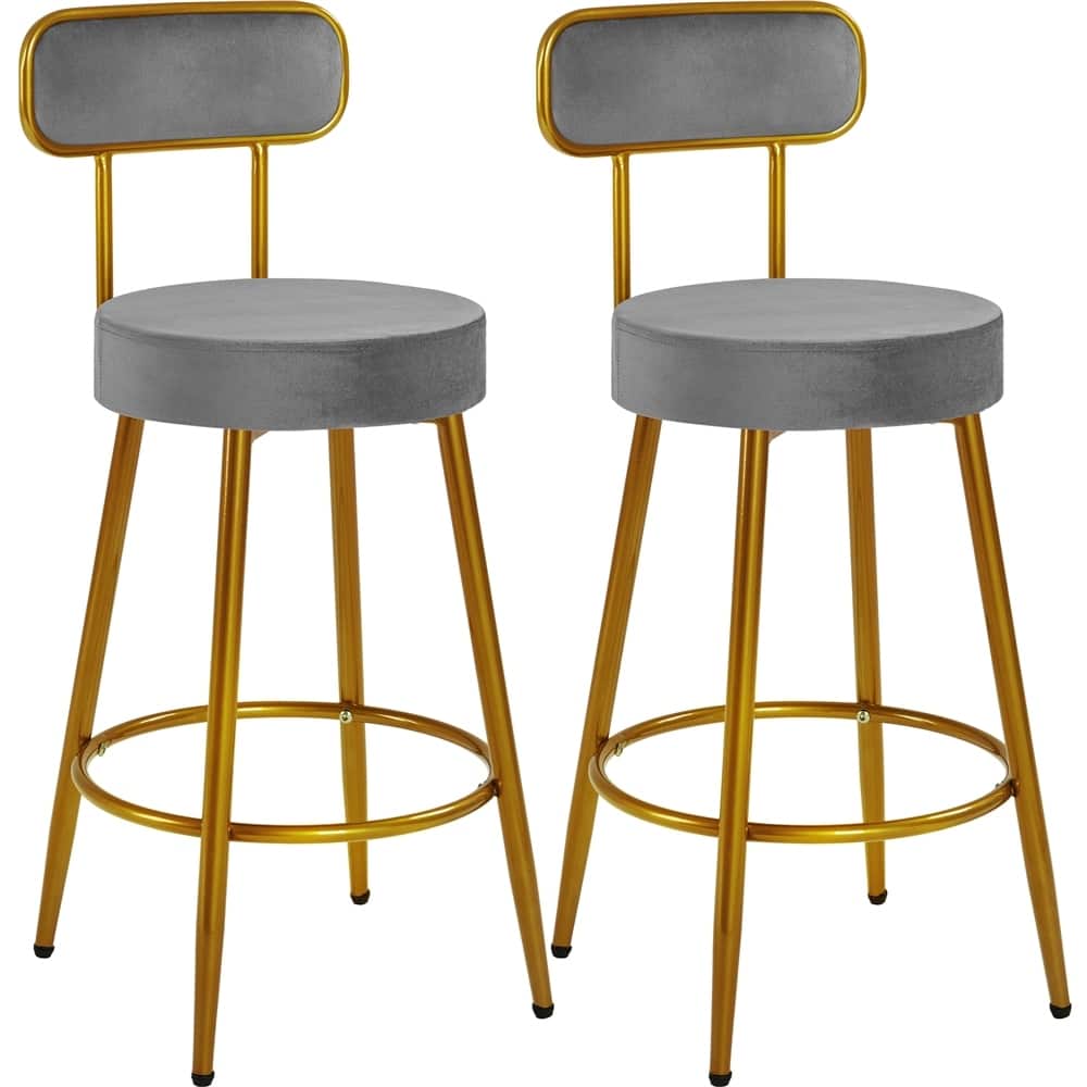 Yaheetech 2pcs Velvet Bar Stools With Gold Legs Counter-height Bar Stools with Backrest and Footrest