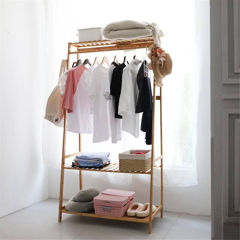 Bamboo Garment Hanging Rack with Storage Shelf for Home Organization