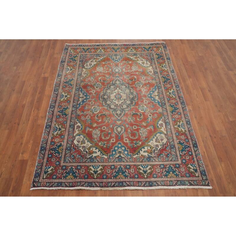 Hand Knotted Oriental 100% Wool Carpet Traditional Floral Oranges & Rust Tabriz Area Rug - 6' 1'' X 4' 6''