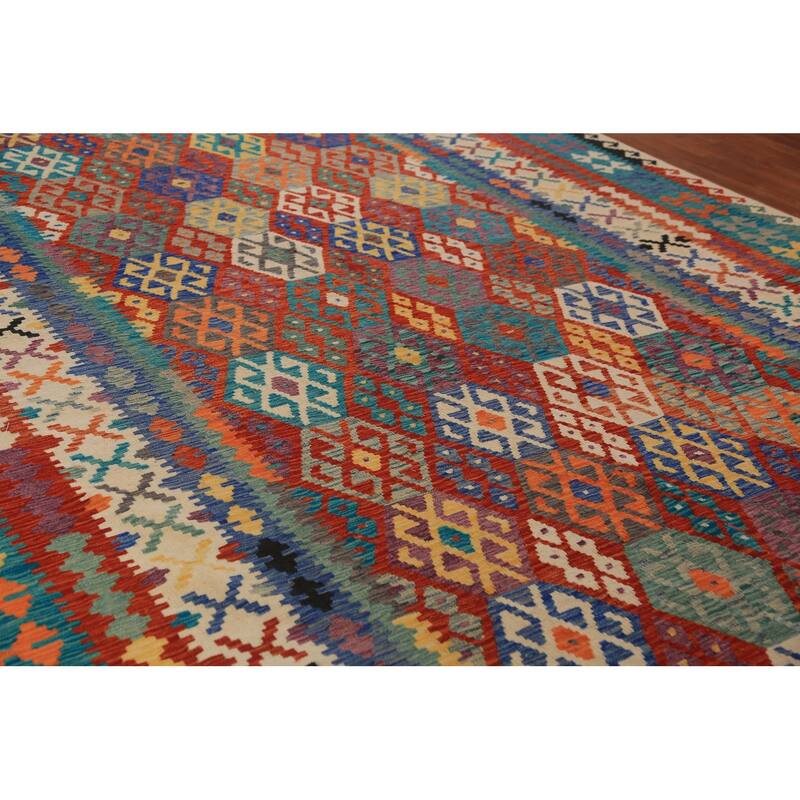 All-Over Geometric Kilim Oriental Large Rug Hand-Woven Wool Carpet - 10'6"x 16'3"