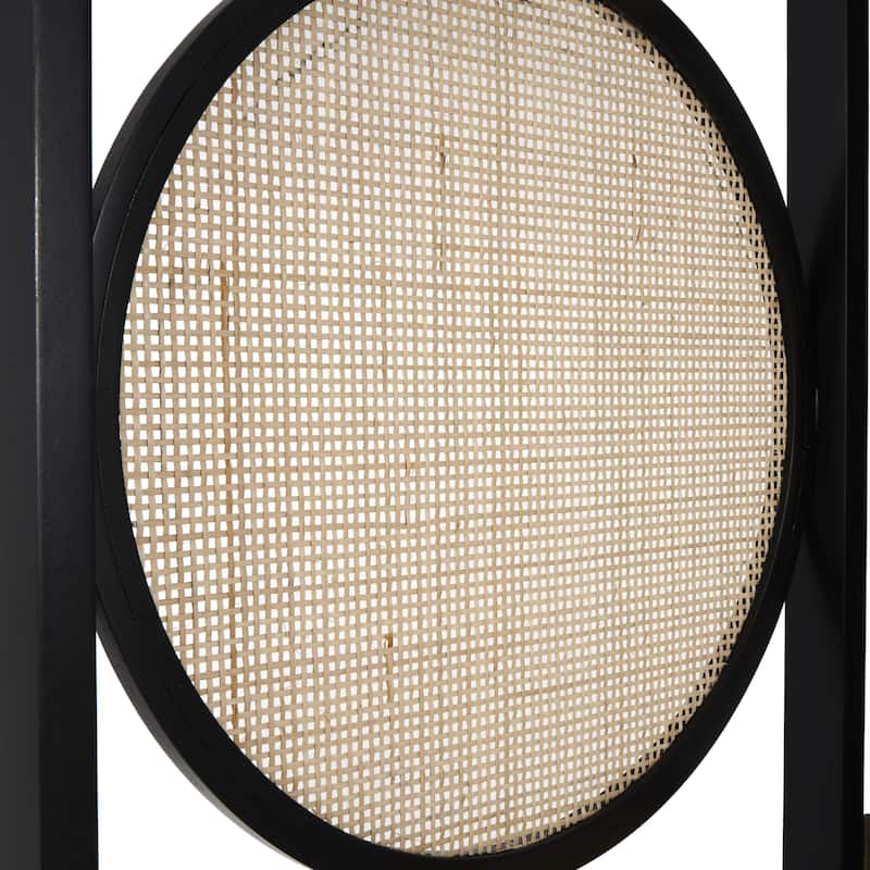 Wooden Geometric Handmade Arched Foldable 3 Panel Room Divider Screen with Woven Circular Cutouts - Black - Roche River Decor
