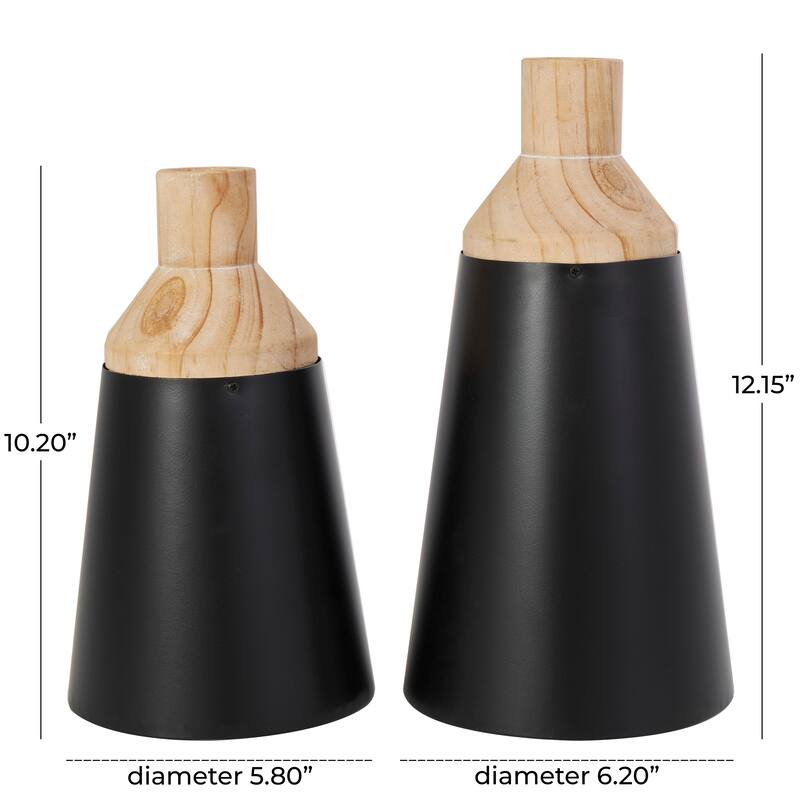 Black Wood Triangular Colorblock Decorative Vase with Light Brown Wood Tops (Set of 2)