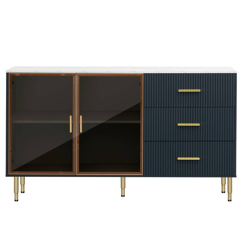 Anmytek Navy Blue Modern Sideboard Buffet Cabinet with Marble Tabletop, Amber Glass Doors and Gold Legs for Living Room