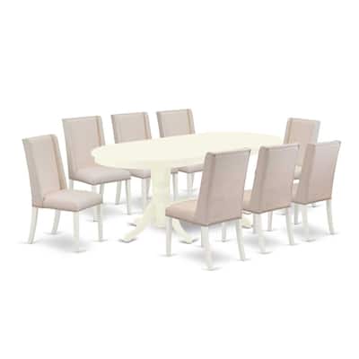Victorian Kitchen Table Set - 9 Piece Dining Set with 8 Chairs - Linen White Finish - Solid Wood Construction - 76