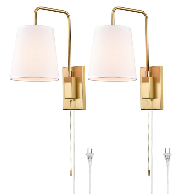 Culara Brass Wall Sconce , Fabric Shade, Plug in & Hardwired , Set of 2 Sconces - Brass