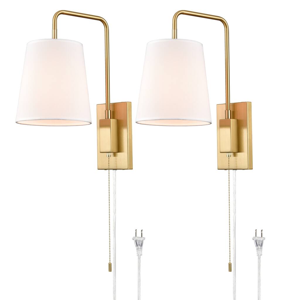 Culara Brass Wall Sconce , Fabric Shade, Plug in & Hardwired , Set of 2 Sconces