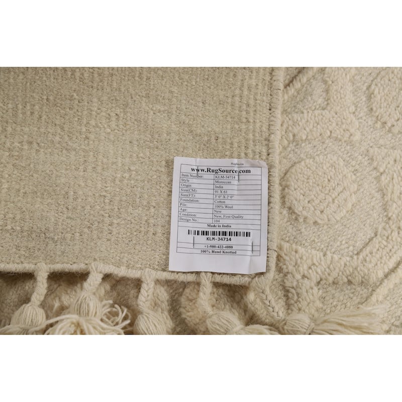 Ivory Geometric Moroccan Oriental Accent Rug Hand-Knotted Wool Carpet - 2'0"x 3'0"
