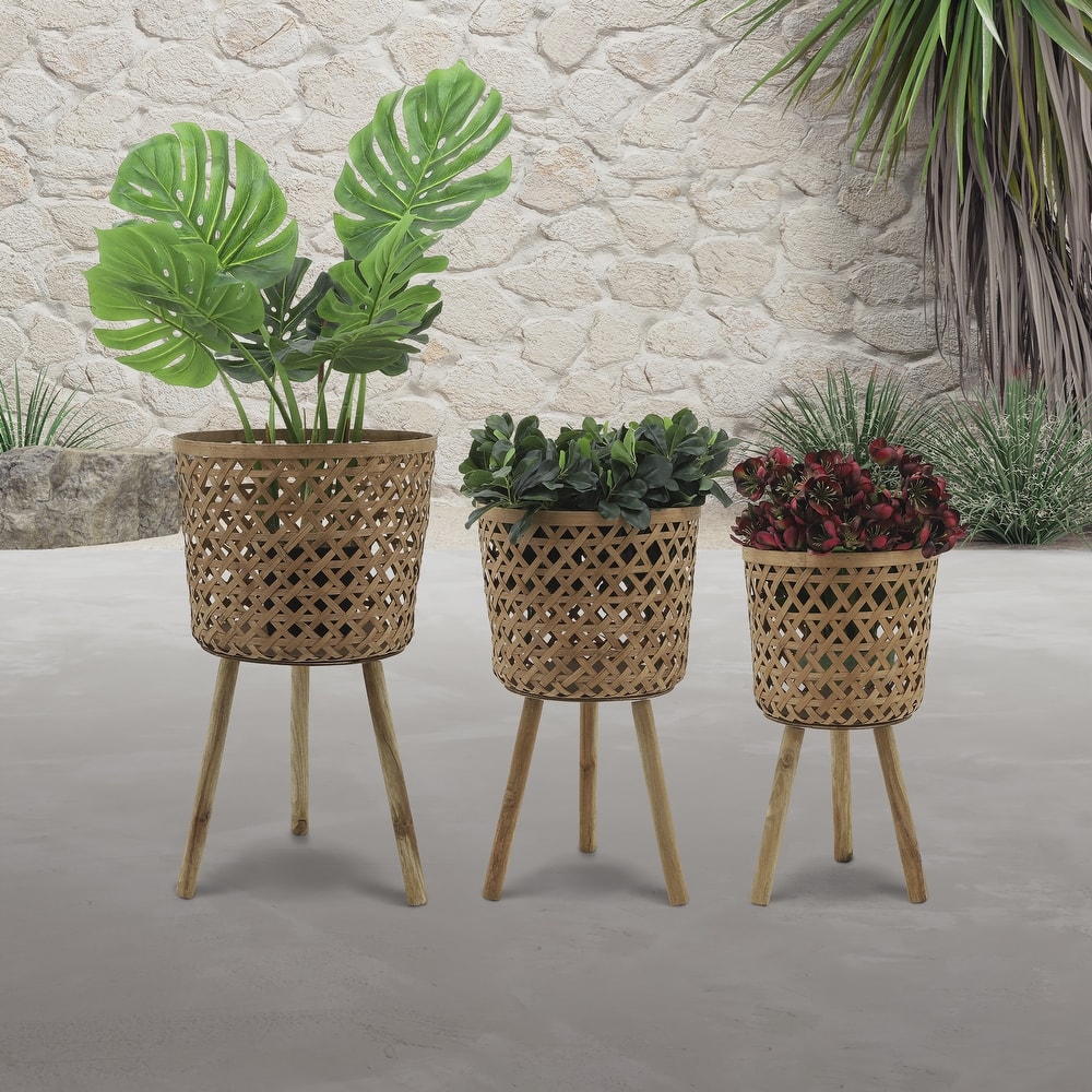 Sagebrook Home Neutral Boho Wicker Planter Stand Set, Versatile Indoor Garden Decor