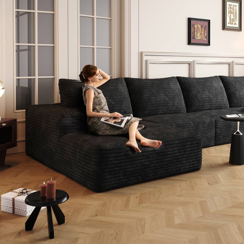 Large Sleeper Sectional Couch L-Shape Floor Modular Recliner Sofa Corduroy Upholstered Chaise Lounge with Ottoman for Livingroom