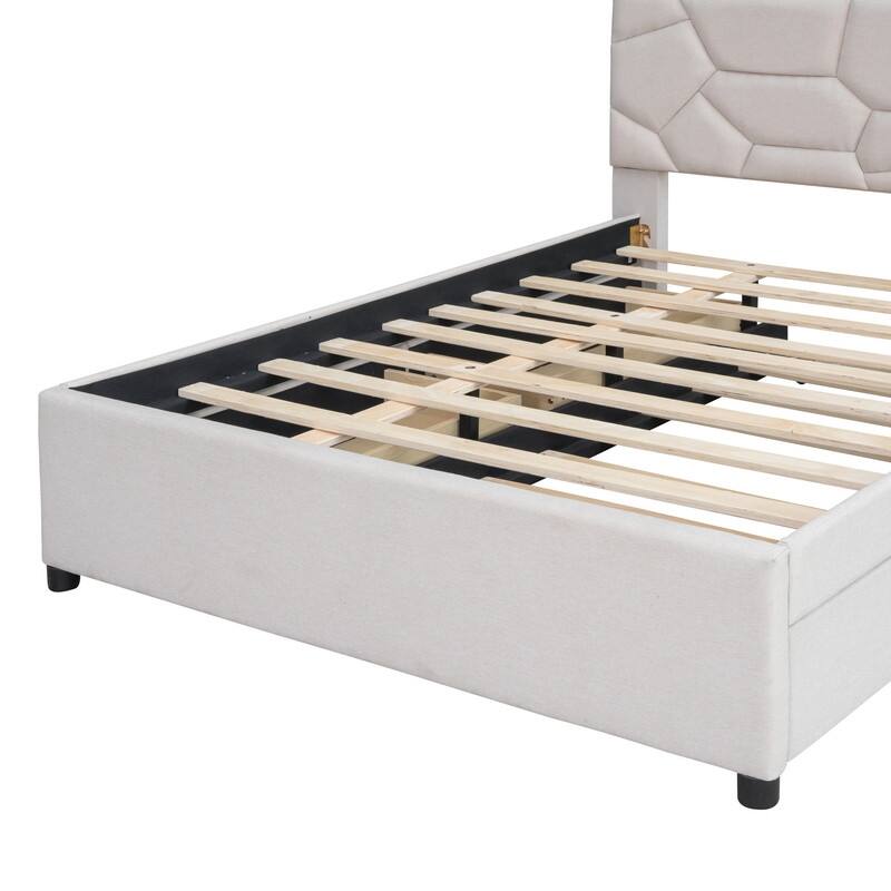 Full Size Upholstered Platform Bed with Brick Pattern Headboard, with Twin Size Trundle and 2 Drawers, Linen Fabric