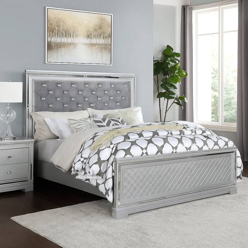 Fery Queen Size Bed, Gray Velvet Upholstery, Silver Mirror Accents