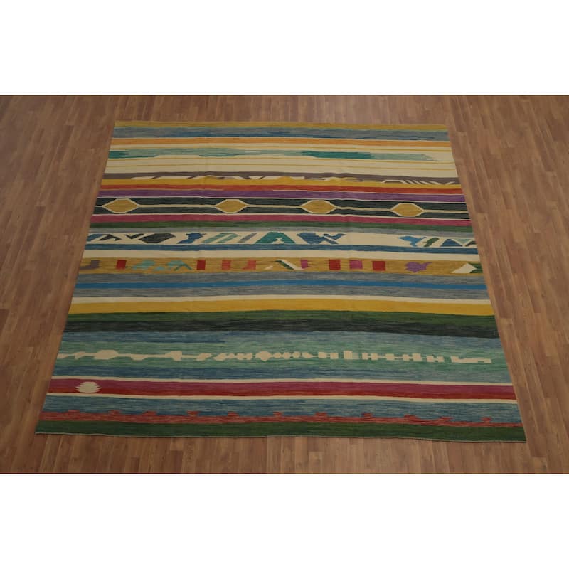 Hand Woven Oriental 100% Wool Carpet Southwestern Geometric Multi-Colored Kilim Area Rug - 9' 10'' X 9' 10''