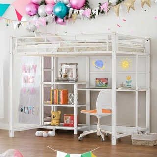 Full Size Loft Bed with Desk and Whiteboard with 3 Shelves and Ladder