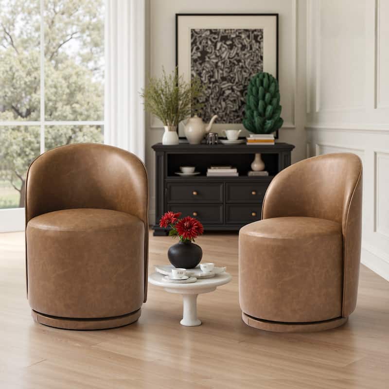 Modern Armless 360-Degree Swivel Dining Chair Barrel Chair - SET OF 2 - BROWN LEATHER