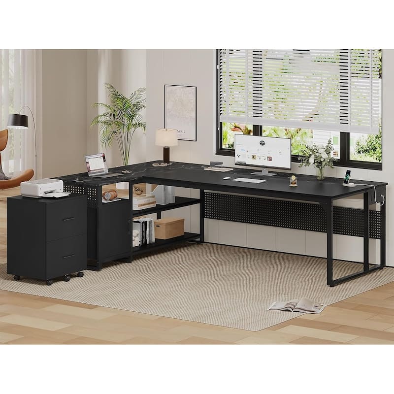 Executive Desk L Shaped Desk File Drawers Power Outlets Computer Desk - Mobile Filing Cabinet - Black