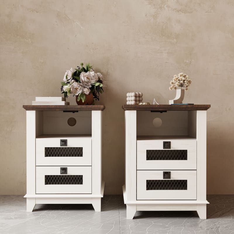 Farmhouse Nightstand Set of 2 with Charging Station, End Table
