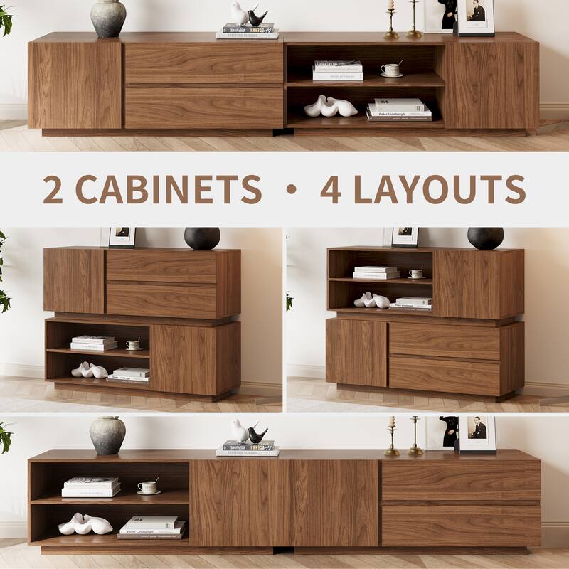 94.7" Modern Mid-Century Brown Wood TV Stand with Storage - Convertible Flat/Stackable Media Console for Living Room