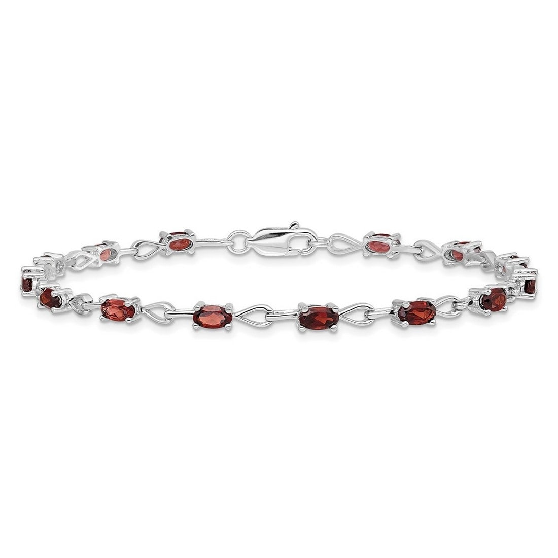 Curata 925 Sterling Silver 7" 3mm Emerald-cut Garnet Heart Link Bracelet