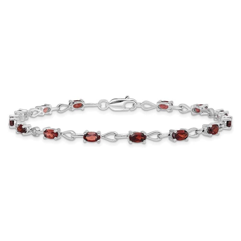 Curata 925 Sterling Silver 7" Emerald-cut Garnet Heart Link Bracelet