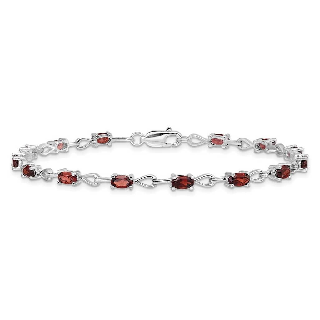 Curata 925 Sterling Silver 7" Emerald-cut Garnet Heart Link Bracelet