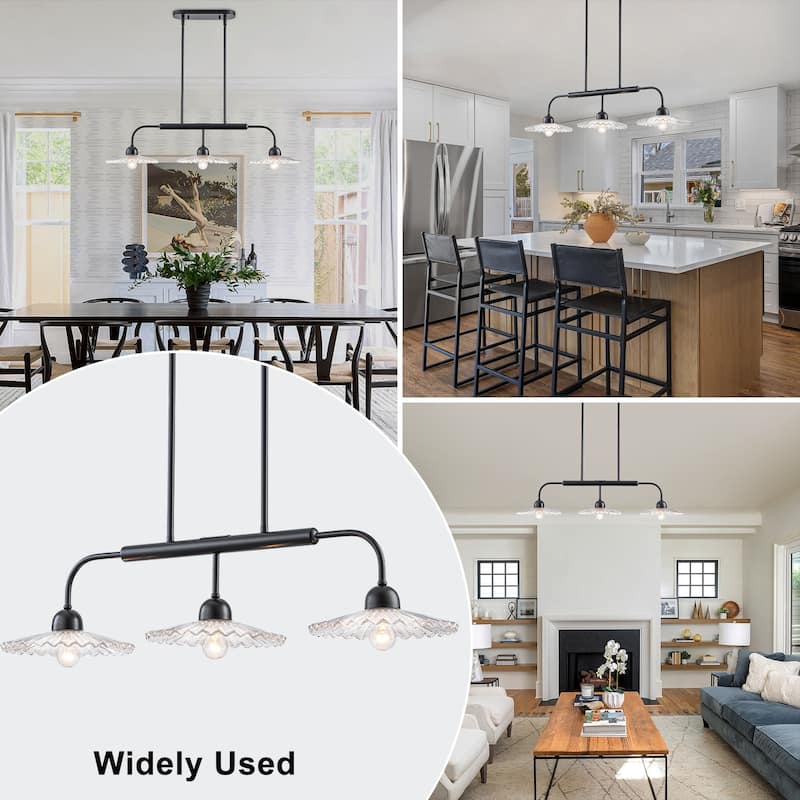 3-Light Black Linear Pendant Light with Pleated Clear Glass Shades - Dia.35.43-in