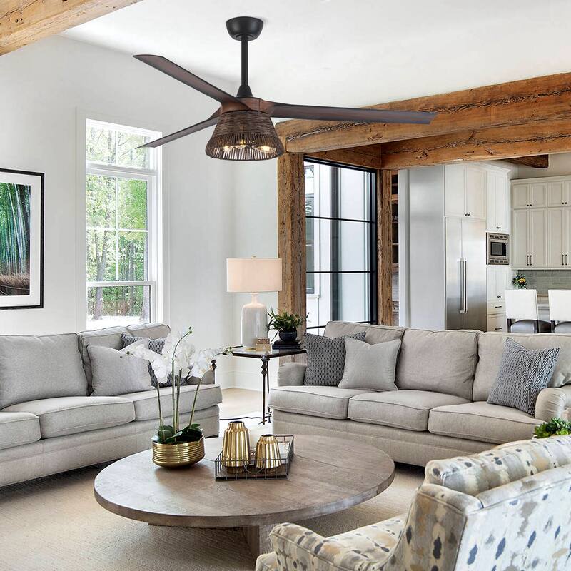 60" Natural Rattan Brown Ceiling Fan with Light Kit and Remote Control - 60 in. D x 60 in. W x 15.7 in. H