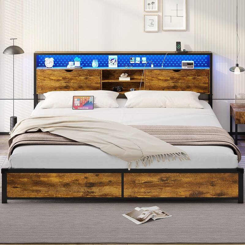 Bed Frame Hidden Storage Headboard 2-Tier Built-in LED Lights Metal
