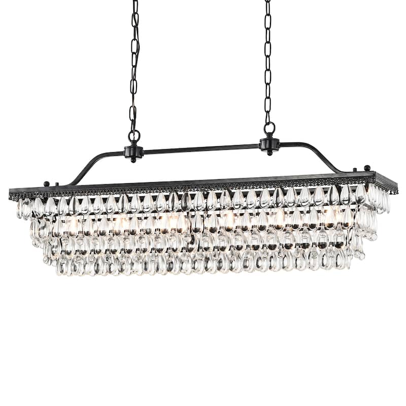 Antique Black 6-Light Rectangular Kitchen Island Lighting with Crystal Hanging