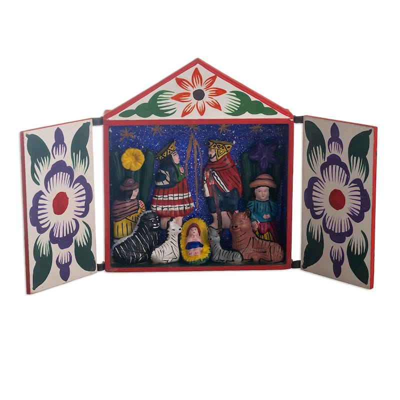 Novica Handmade Night In Bethlehem Wood And Ceramic Nativity Retablo