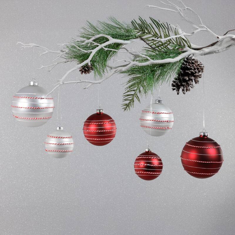 Matte Glass Ball Ornaments with White & Red Rope, Set of 6, 3.25"