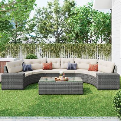 Oaks Aura 8-piece Outdoor Rattan Wicker Round Sofa Set, Half-Moon Sectional Sofa Sets, Water-resistant, UV Protected