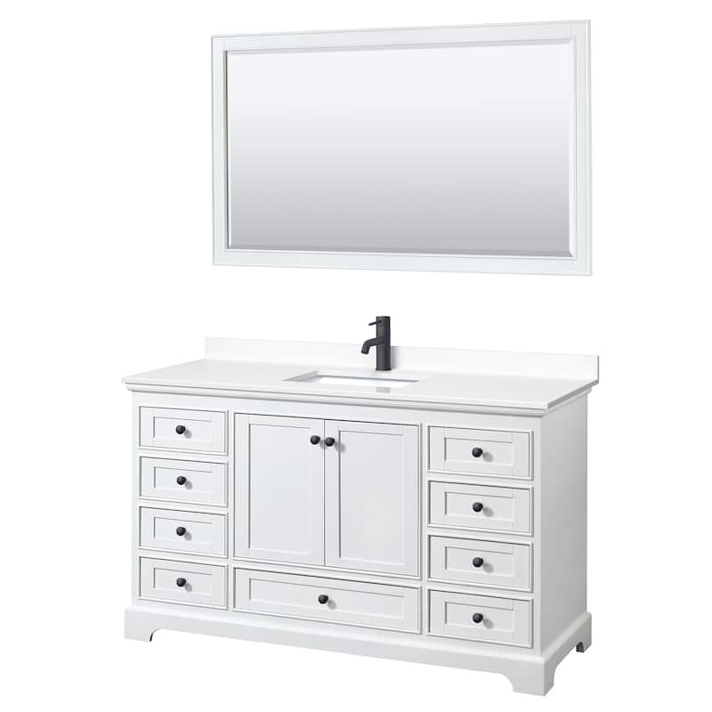 Deborah 60-inch Single Vanity, Cultured Marble Top, 58-inch Mirror - White, Black Trim, White Cultured Marble Top