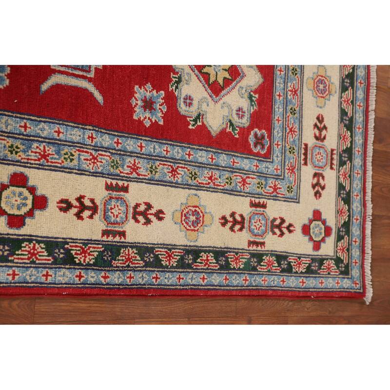 Red Geometric Kazak Oriental Area Rug Dining Room Handmade Wool Carpet - 5'6" x 7'10"