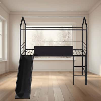 Twin Size Metal Loft House Shaped Platform Bed with Slide and Writable Wooden Board, Fun and Functional for Kids Bedrooms