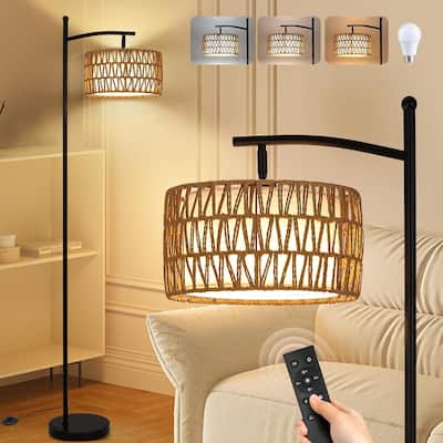Netin 66" Boho Rattan & Fabric Shades Floor Lamp, Adjustable 3 Color Temperatures with Remote - Black